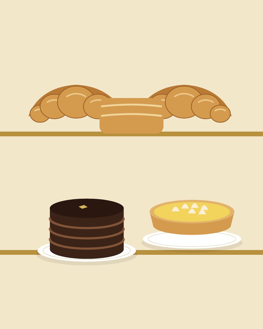Vitrina de Panyedra con croissants, tartas y un pastel de capas